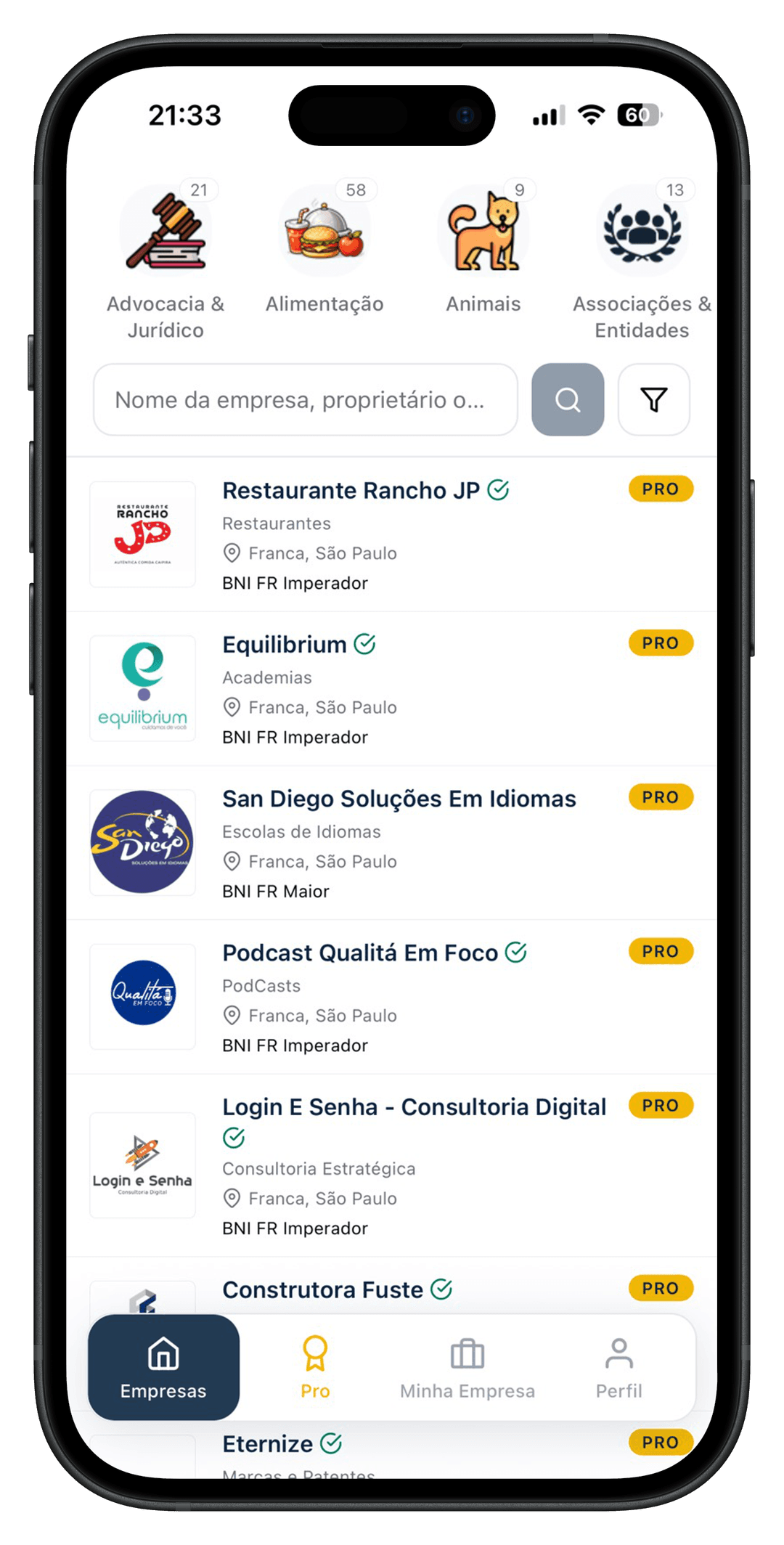 Lista de empresas no app BConex